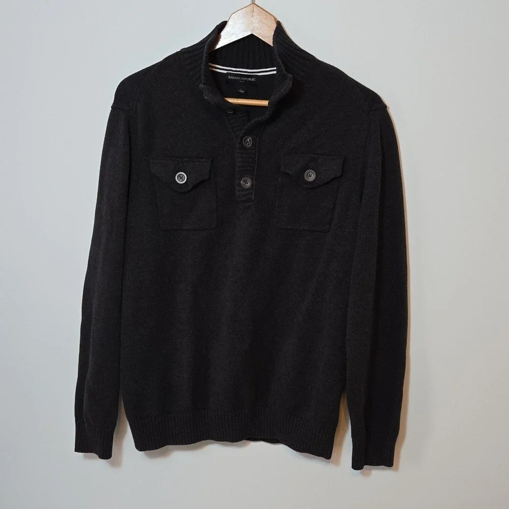 Banana Republic Men's Dark Gray Mock Neck Pullover Sweater Button Pockets Size L